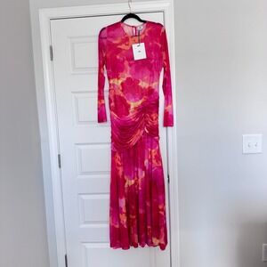 NWT Yllw The Label Olivia Dress Maxi Sheer Floral Ruched Pink Size XL